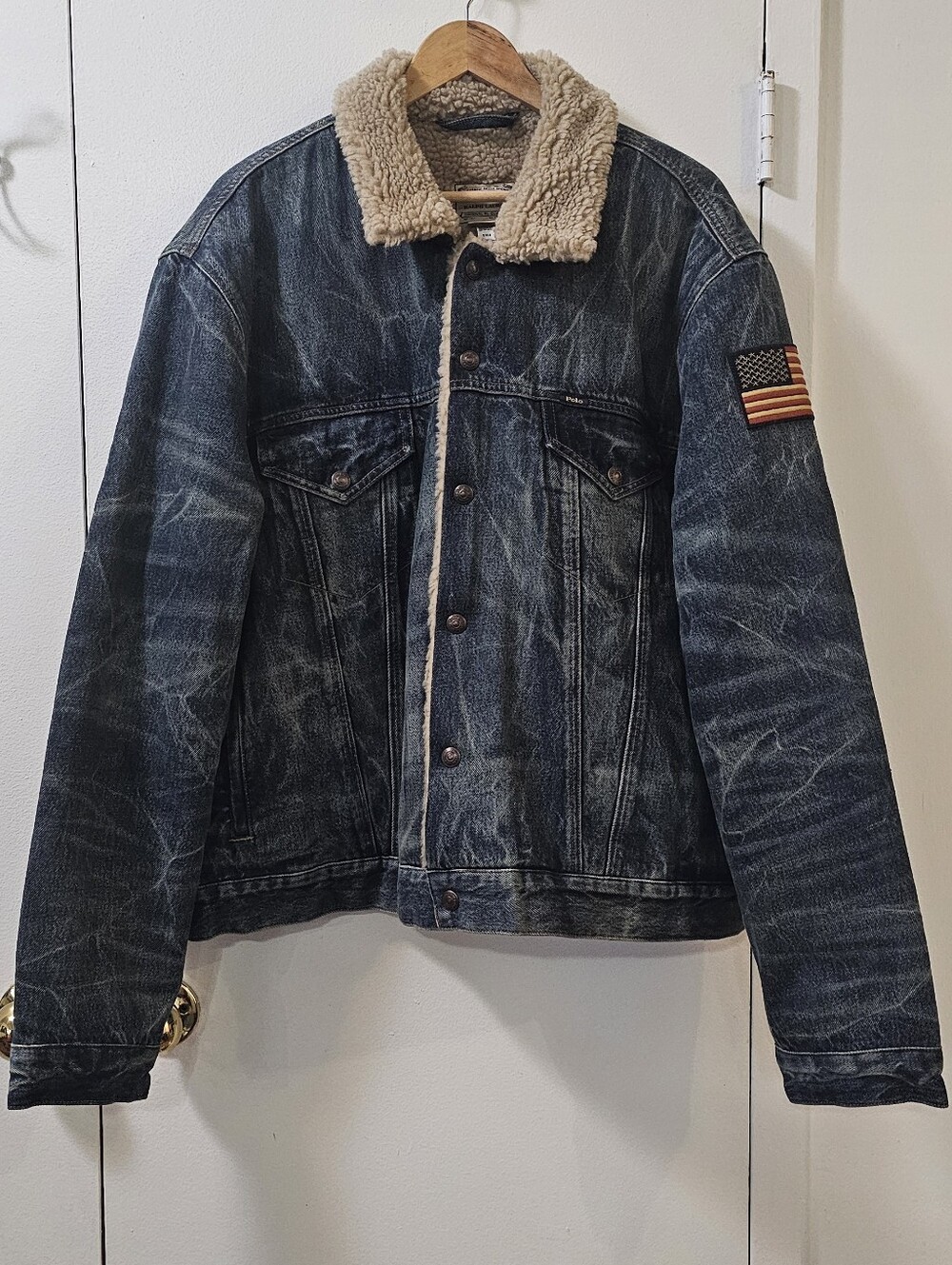 Polo Ralph Lauren USA Flag Patch Sherpa Denim Trucker Jacket Men's Size XXL NWT